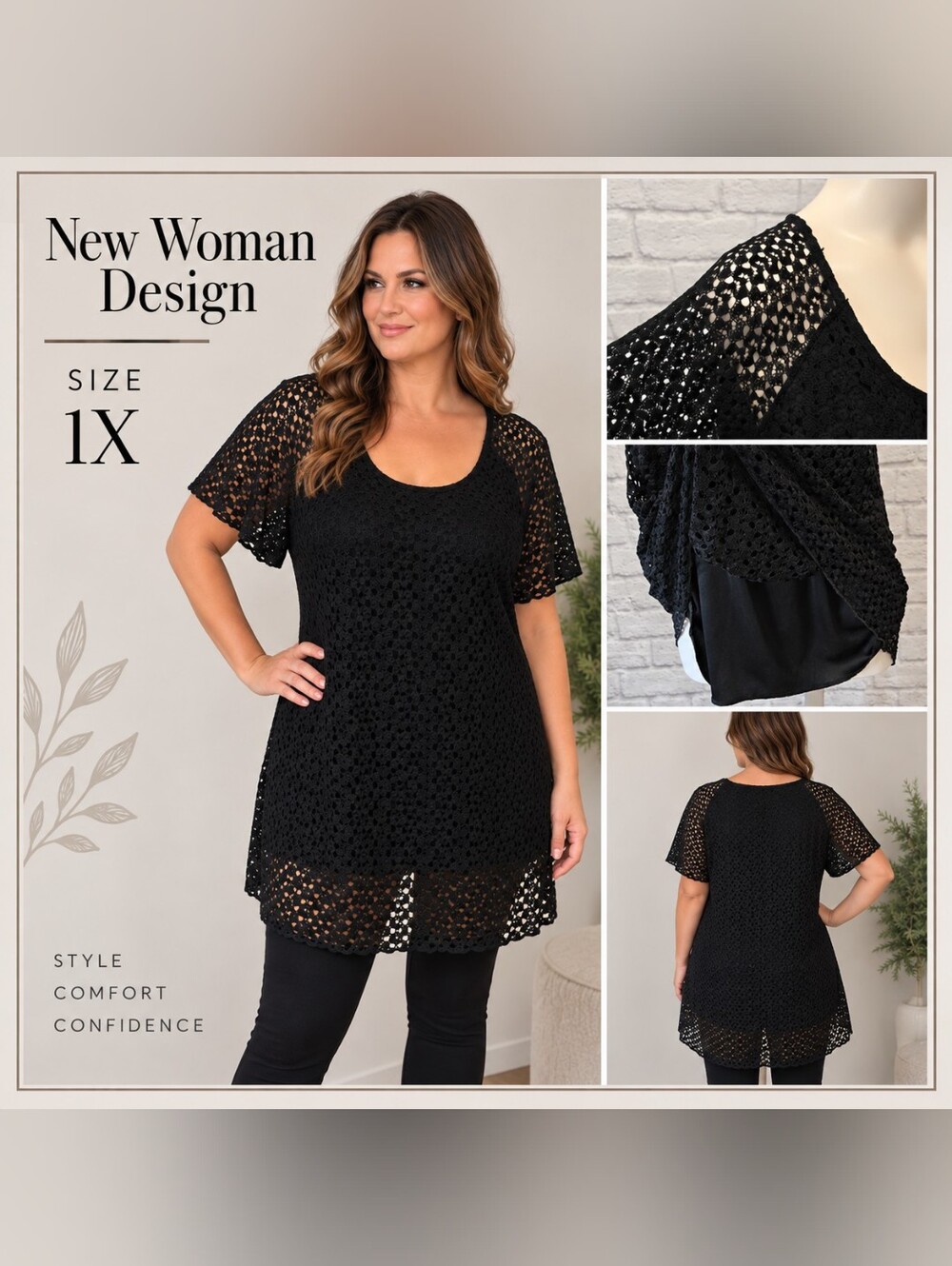 New Woman Design Black Crochet Lace Tunic Top Size 1X